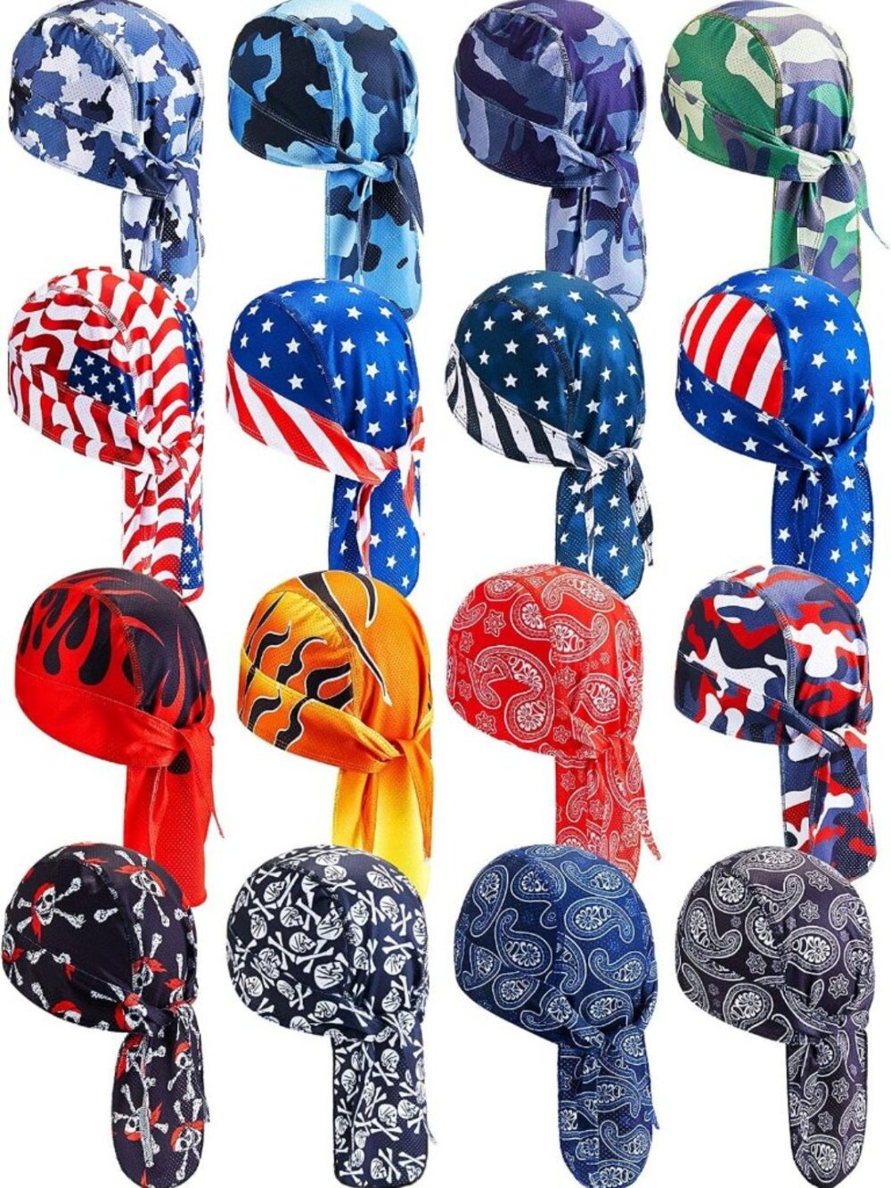 16-Piece Cooling Doo Rags & Skull Caps Set for Men & Women - Sweat-Wicking